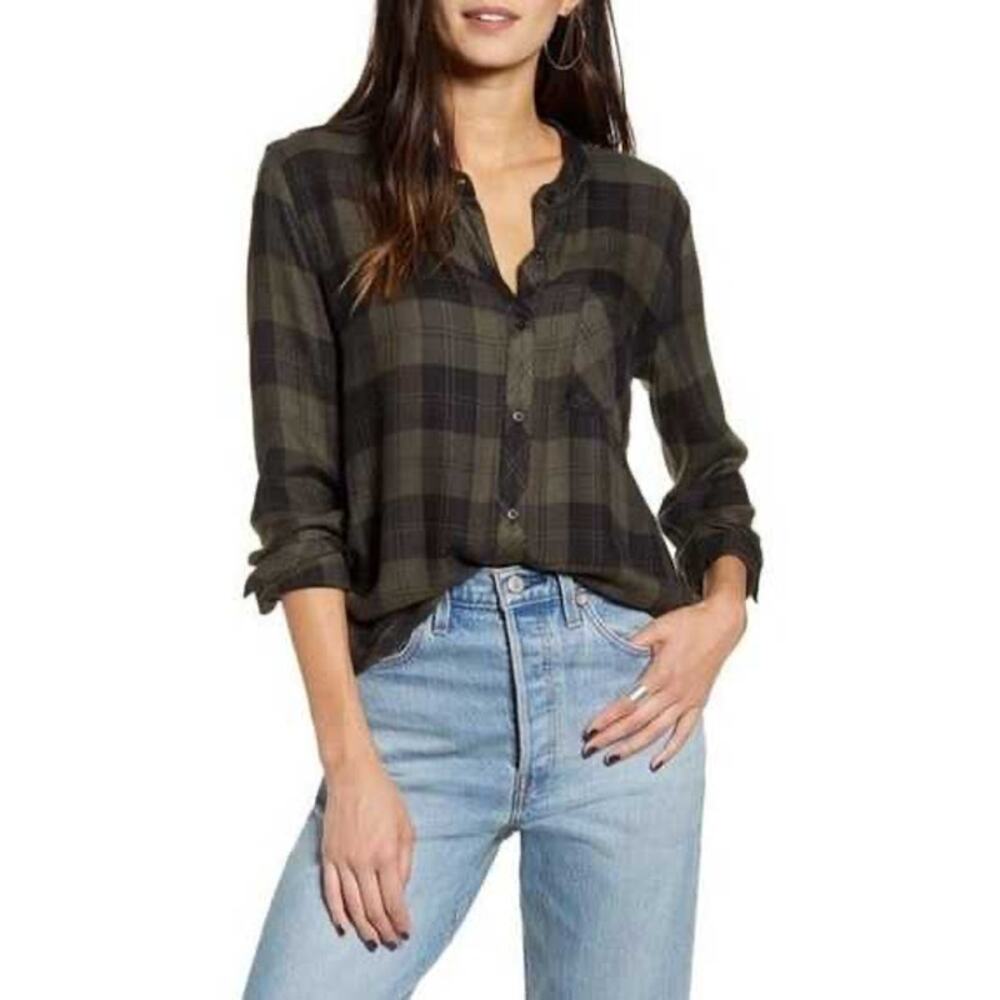 RAILS Allison Ultra-Soft Button-Up Top in Olive Green / Ebony Black Plaid Size S